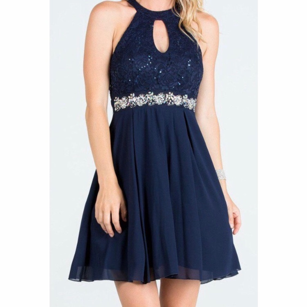 Navy blue beaded crop top V long pleated dress